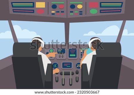 Pilots sitting front of dashboard aircraft inside 2d vector illustration concept for banner, website, illustration, landing page, flyer, etc.