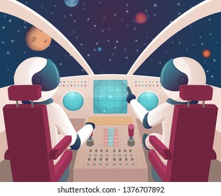 Pilots in spaceship. Shuttle cockpit with pilots in costumes vector cartoon space with planets