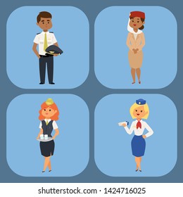 Pilots and stewardess vector illustration airline character plane personnel staff air hostess flight attendants people command. Flight attendants captain professional pilots and stewardess.