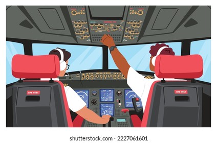 Pilots Wearing Headset or Headphones and Uniform Sitting in Chairs in Cabin of Plane Rear View. Aviators Male Characters in Cockpit Driving Aircraft Airplane. Cartoon People Vector Illustration