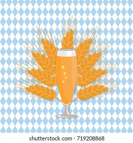 Pilsner glass of beer vector illustration on checkered backdrop with ears of wheat. Refreshing alcoholic beverage in transparent glassware flat style