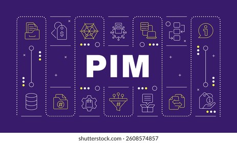 PIM dark purple word concept. Product information management system. Commercial data processing. Horizontal vector image. Headline text surrounded by editable outline icons