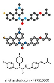 Pimavanserin atypical antipsychotic drug molecule. Stylized 2D renderings and conventional skeletal formula.