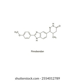 Pimobendan flat skeletal molecular structure phosphodiesterase inhibitor drug used in heart failure treatment. Vector illustration scientific diagram.