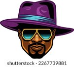 Pimp head in purple hat and gold glasses isolated