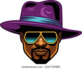 Pimp head in purple hat and gold glasses isolated