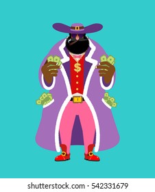 Pimp and money. Cool man. bully gigolo. dishonest guy. Pocket full of cash. bizarre Bright clothing and cigar. Gold dollar chain jewelry necklace