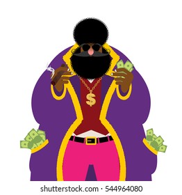 Pimp And Money. Pocket Full Of Cash. Bright Clothing And Cigar. Gold Dollar Chain Jewelry. Cool Black Guy
