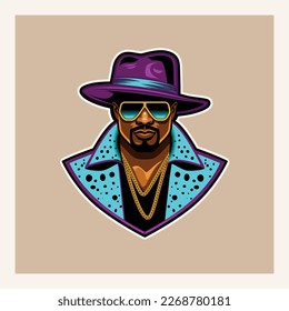 Pimp in purple hat and sunglasses isolated. Hustler sports logo mascot