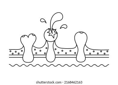 Pimples on the skin. The furuncle has matured and burst. Splashes of pus fly in different directions. Sketch. Vector illustration. Section of the subcutaneous layers. Inflamed pockmarks and blisters. 