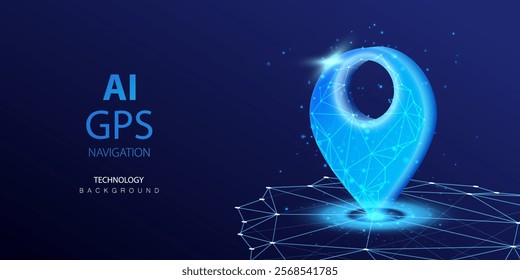 Pin 3d icon on the wireframe map isometric background. Ai GPS navigation symbol in technology design. Geo point location, navigator travel way and transport logistics delivery concept. Blue vector.