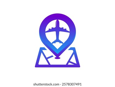 Pin and airplane logo vector template. Travel, technology, transportation logo.