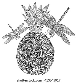 the pin apple and dragonfly hand drawn outline for adult coloring design 
