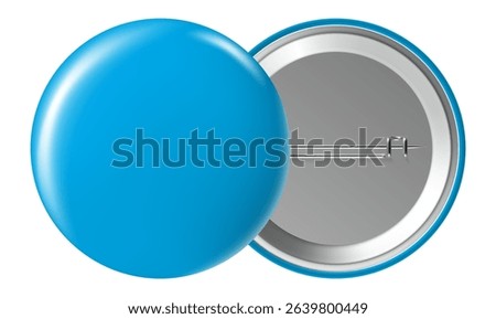 Pin badge displaying both front and back sides, featuring a safety pin closure, perfect for customizing and promoting various events and brands. Ideal for advertising purposes