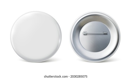 Pin Badge Mockup. White Round Badge On Metal Pin Realictic Vector Illustration