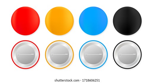 Pin badges. White round blank button. Souvenir magnet badging mockup. Vector stock illustration.