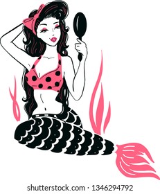 Pin up black hair mermaid with mirror and bow. Book magazine cartoon illustration, fashion artwork, t shirt print