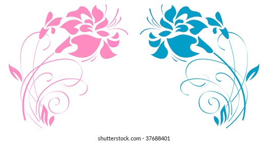 Pin and blue decorative flowers. Vector