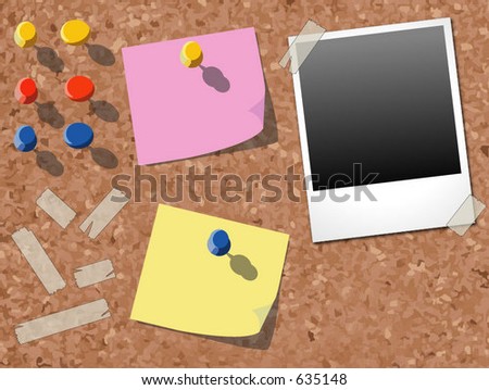 Pin Board vector. Inclueds pins, sellotape, postiy notes and a photo.