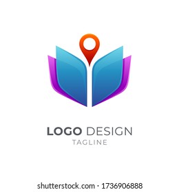 Concepto del logotipo del libro de aletas, logotipo del buscador de la biblioteca de libros, icono del vector de aplicaciones de búsqueda de lectura/literatura