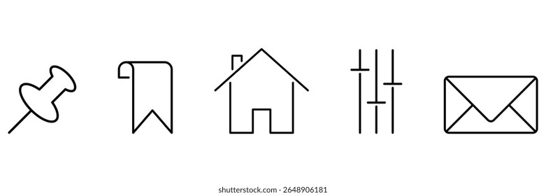 Pin, bookmark, home, settings, mail icon set vector illustration in minimal outline style for UI interface website navigation message design.