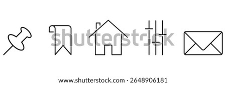 Pin, bookmark, home, settings, mail icon set vector illustration in minimal outline style for UI interface website navigation message design.