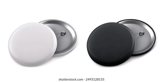 Pin button mockup set isolated on background. Vector realistic illustration of round metal white and black badges with blank surface for corporate promo branding design, souvenir back and front view