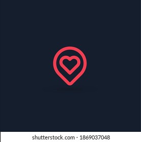 Pin button with red heart linear icon, map pointer, favorite places. Love pointer, dating service, love search service logo concept. isolated vector minimal design