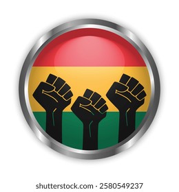 Pin button with red, yellow, green colored flag and raised fists. Black history month celebration. Round badge with silver frame. Vector illustration