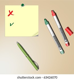 pin, button, yellow sheet reminders, writing pen, red and green markers