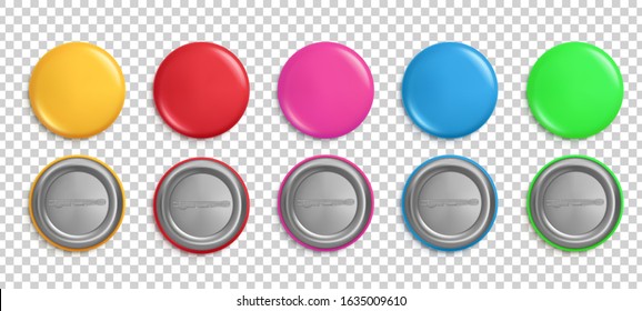 Pin buttons. Round badges, circle glossy colorful magnets. Pink, red and yellow realistic isolated vector pins mockup