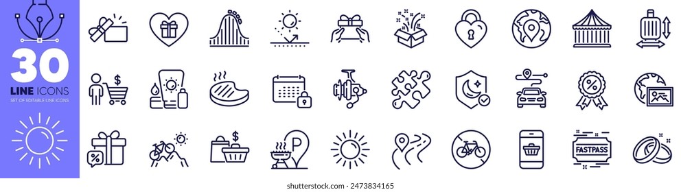 Pin, Calendar and Fishing reel line icons pack. Bicycle prohibited, Baggage size, Grilled steak web icon. Grill place, Puzzle, Journey pictogram. Web photo, Buyer, Guard. Fastpass. Vector