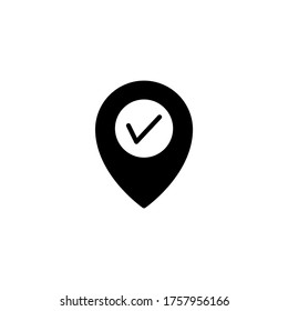 Icono de Pin y Comprobar vector. Icono de ubicación marcada en glifo plano negro, estilo relleno aislado en fondo blanco