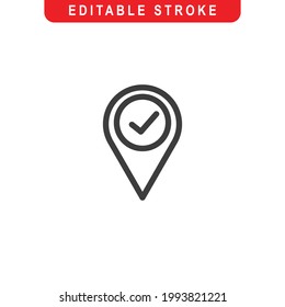 Pin With Checkmark Outline Icon. Pin Line Art Logo. Vector Illustration. Isolated on White Background. Editable Stroke