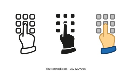 PIN code input icon. PIN-code keypad with index finger vector illustration. Entering password symbol. Keyboard password combination sign. Vault lock access panel pictogram. Authentication concept.