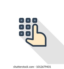 Pin code keypad, access security lock, hand pushing thin line flat icon. Linear vector illustration. Pictogram isolated on white background. Colorful long shadow design.
