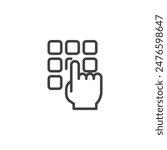 PIN Code line icon. linear style sign for mobile concept and web design. Keypad with a finger entering a code outline vector icon. Symbol, logo illustration. Vector graphics