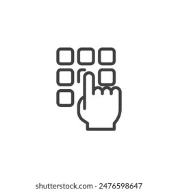 PIN Code line icon. linear style sign for mobile concept and web design. Keypad with a finger entering a code outline vector icon. Symbol, logo illustration. Vector graphics