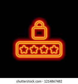Pin code and lock. Simple icon. Orange neon style on black background. Light icon