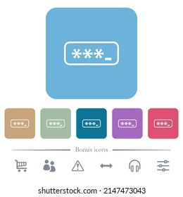 PIN code outline white flat icons on color rounded square backgrounds. 6 bonus icons included