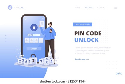 Pin code unlock security access concept on landing page design
