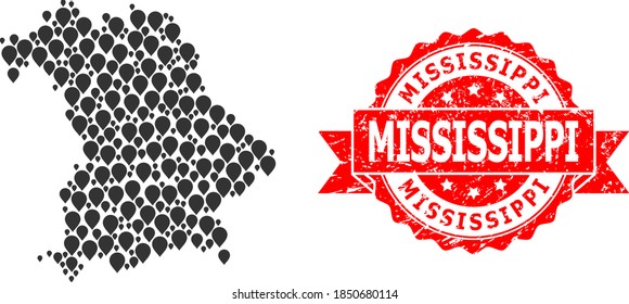 Pin Collage Karte des Bayerischen Staates und gekratzter Bandstempel. Rote Stempelrobbe enthält Mississippi-Text in der Schleife. Die abstrakte Karte des Bayerischen Staates ist aus zufälligen Pin-Symbolen entworfen. Abstrakter Plan.