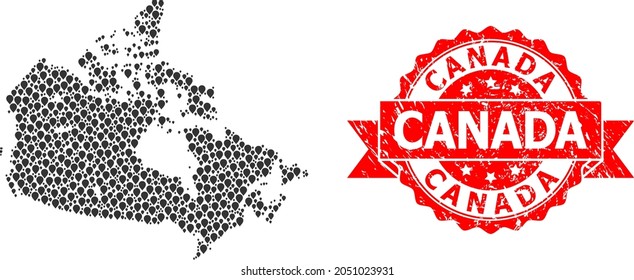 Pin collage map of Canada and scratched ribbon seal. Red seal contains Canada text inside ribbon. Abstract map of Canada is created with randomized pin elements. Abstract plan.