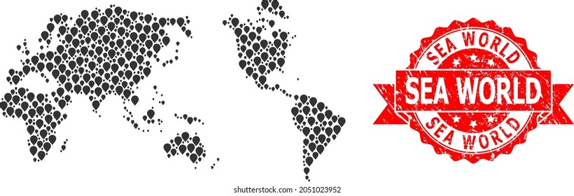 Pin collage map of Earth and scratched ribbon watermark. Red seal includes Sea World title inside ribbon. Abstract map of Earth is organized of scattered navigation elements. Abstract plan.
