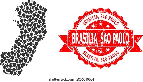 Pin collage map of Espirito Santo State and grunge ribbon watermark. Red stamp seal includes Brasilia, Sao Paulo tag inside ribbon.