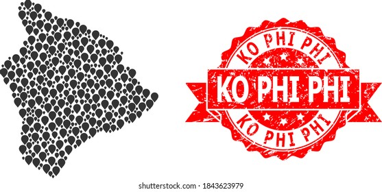 Pin collage map of Hawaii Big Island and scratched ribbon watermark. Red seal includes Ko Phi caption inside ribbon. Abstract map of Hawaii Big Island is done with randomized pin icons.