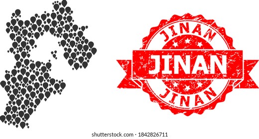 Pin collage map of Hebei Province and grunge ribbon seal. Red stamp includes Jinan title inside ribbon. Abstract map of Hebei Province is done from scattered aim items. Abstract plan.