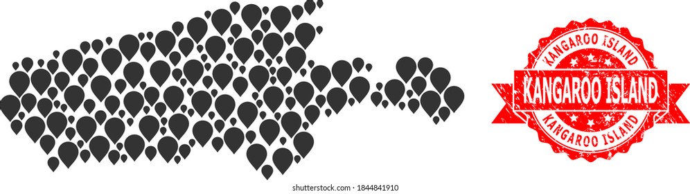 Pin collage map of Kangaroo Island and grunge ribbon seal. Red stamp seal includes Kangaroo Island caption inside ribbon. Abstract map of Kangaroo Island is done of random pointer symbols.