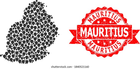 Pin collage map of Mauritius Island and grunge ribbon stamp. Red stamp seal has Mauritius title inside ribbon. Abstract map of Mauritius Island is done with randomized aim elements. Abstract plan.
