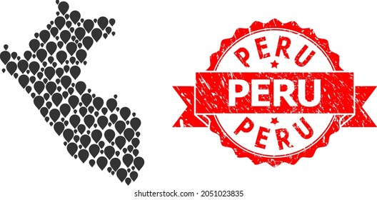 Pin collage map of Peru and grunge ribbon seal. Red seal includes Peru tag inside ribbon. Abstract map of Peru is created of random aim icons. Abstract plan.